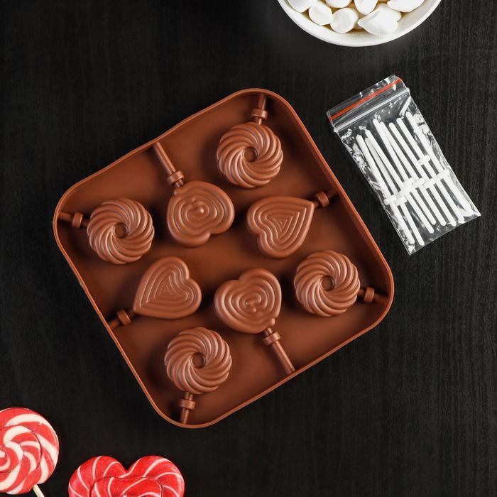 Форма для леденцов Доляна «Свидание», силикон, 14,5×14,5×1,5 см, 8 ячеек (3,5×3,5 см), с палочками, цвет МИКС Форма для леденцов Доляна «Свидание», силикон, 14,5×14,5×1,5 см, 8 ячеек (3,5×3,5 см), с палочками, цвет МИКС