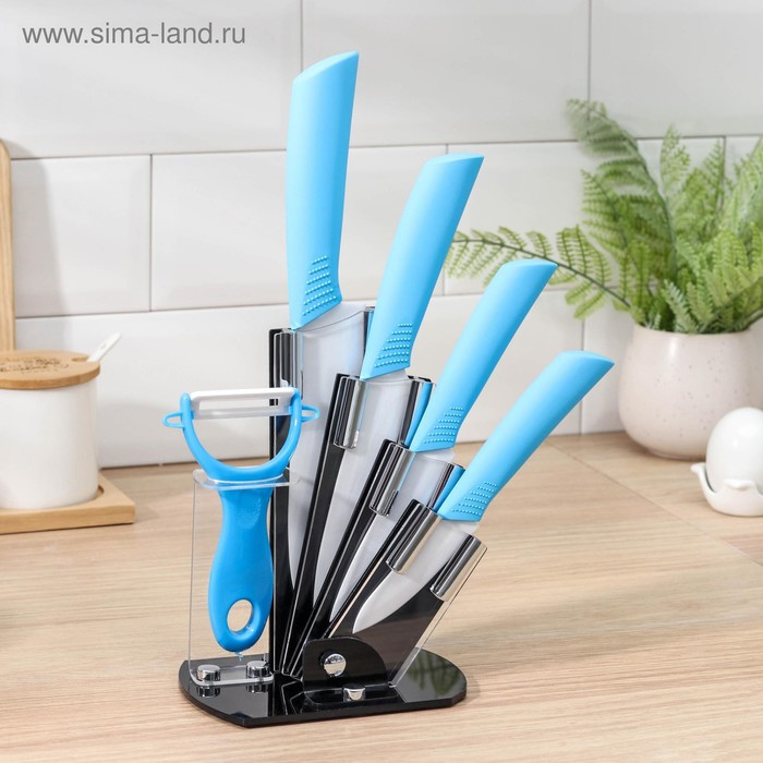 Набор кухонный на подставке Доляна «Симпл», 5 предметов: ножи 7,5 см, 10,5 см, 13 см, 15 см, овощечистка, цвет голубой