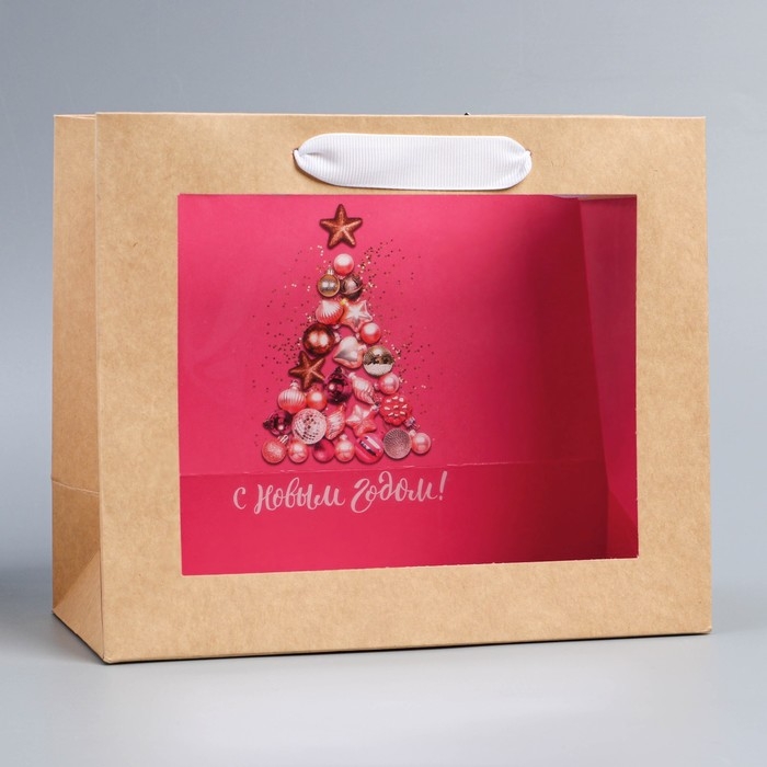 Пакет подарочный новогодний крафтовый с пластиковым окном «Новогодние шары», 24 х 20 х 11см Пакет подарочный новогодний крафтовый с пластиковым окном «Новогодние шары», 24 х 20 х 11см
