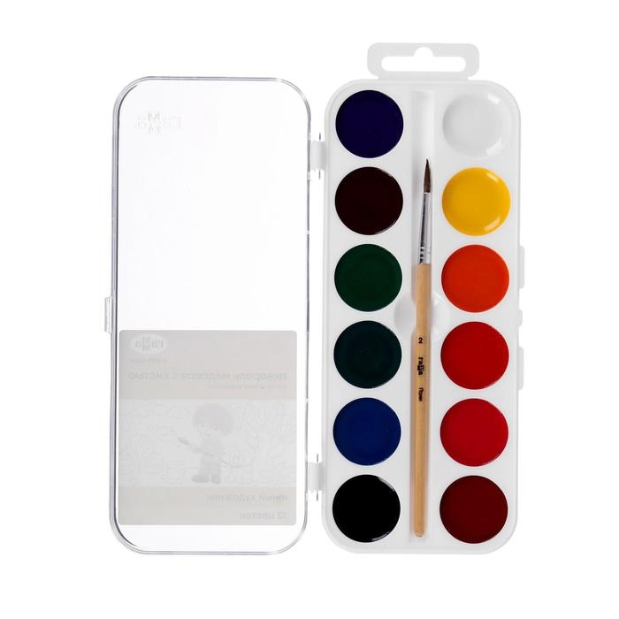 Акварель 12 цветов Акварель 12 цветов "Гамма" "Юный художник", медовая, с кистью, пластик