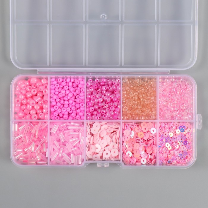Бисер стекло 6/0, 12/0 в шкатулке  Бисер стекло 6/0, 12/0 в шкатулке "Розовый" стеклярус и пайетки 12,5х6,5х2 см