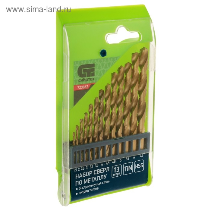 Набор сверл по металлу  Набор сверл по металлу "СИБРТЕХ", нитридтитановые, 1.5 - 6.5 мм, HSS, 13 шт
