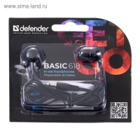 Наушники Defender Basic 618, вакуумные, 95 дБ, 32 Ом, 3.5 мм, 1.1 м, черные