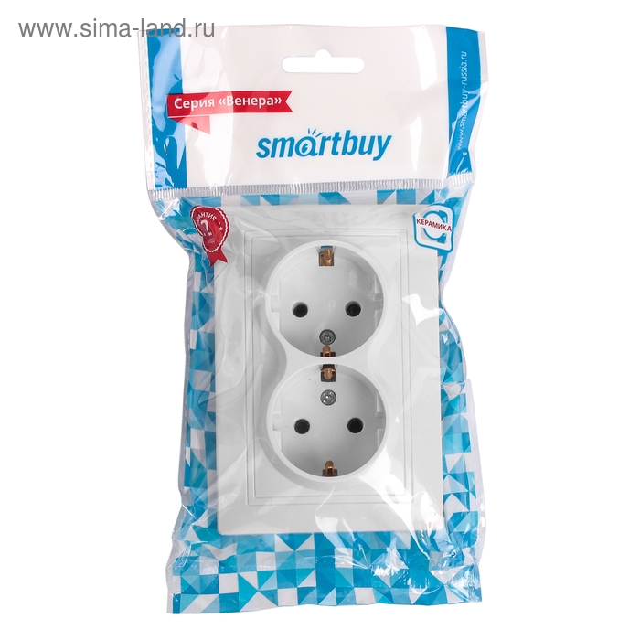 Розетка Smartbuy  Розетка Smartbuy "Венера", двухместная, керамика, 16 А , с заземлением, белая
