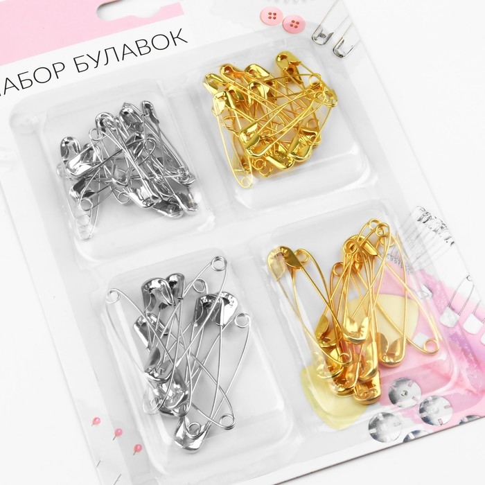 Набор булавок английских, 32 / 45 мм, 60 шт, цвет золотой/серебряный Набор булавок английских, 32 / 45 мм, 60 шт, цвет золотой/серебряный