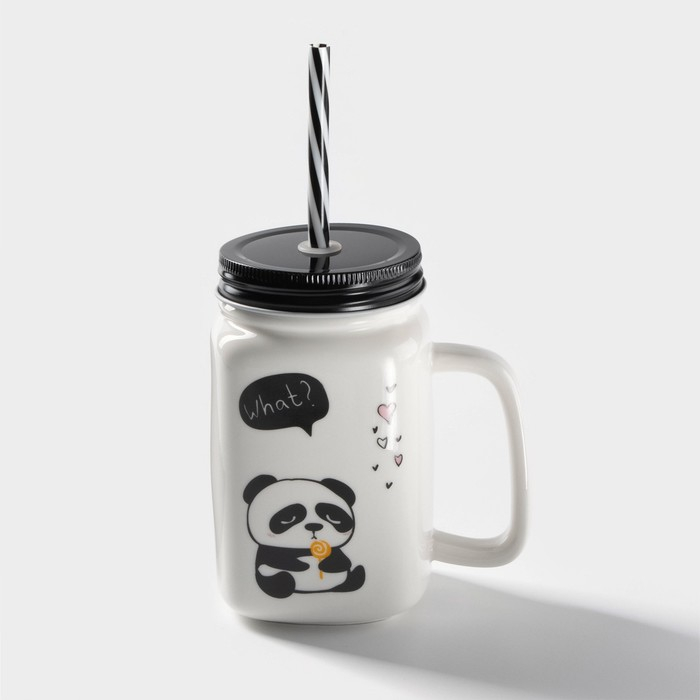 Кружка керамическая с металлической крышкой и трубочкой &laquo;Панда&raquo;, 420 мл, рисунок МИКС