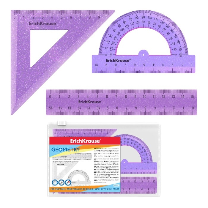 Набор чертежный линейка 15см 3 пр ErichKrause Glitter, (угольник, трансп.), сирен, в zip-пак Набор чертежный линейка 15см 3 пр ErichKrause Glitter, (угольник, трансп.), сирен, в zip-пак