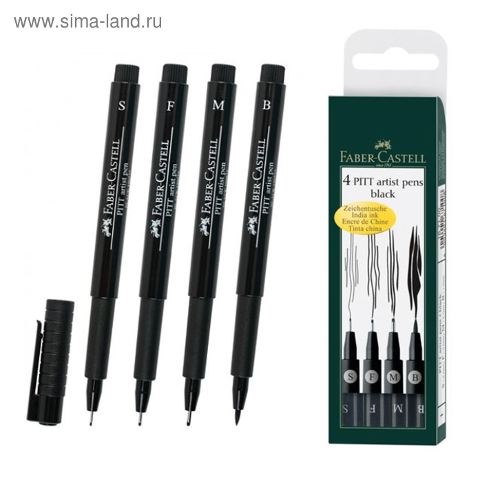 Набор ручек капиллярных 4 штуки (линеры S, F, M; кисть B), Faber-Castell PITT® Artist Pen, цвет черный Набор ручек капиллярных 4 штуки (линеры S, F, M; кисть B), Faber-Castell PITT® Artist Pen, цвет черный