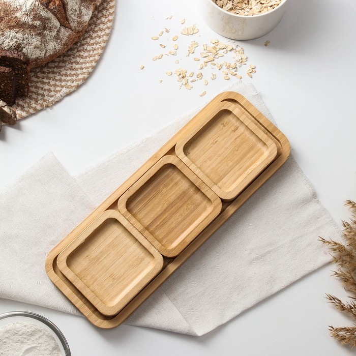 Соусник на подставке Доляна, 3 шт, 32×12×1,6 см, бамбук Соусник на подставке Доляна, 3 шт, 32×12×1,6 см, бамбук