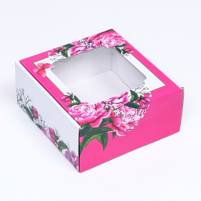 Коробка самосборная, с окном, "Весенние пионы", 19 х 19 х 9 см  набор 5 шт