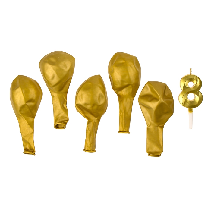 Свечи для торта + 5 шаров, цифра 8, золото Свечи для торта + 5 шаров, цифра 8, золото