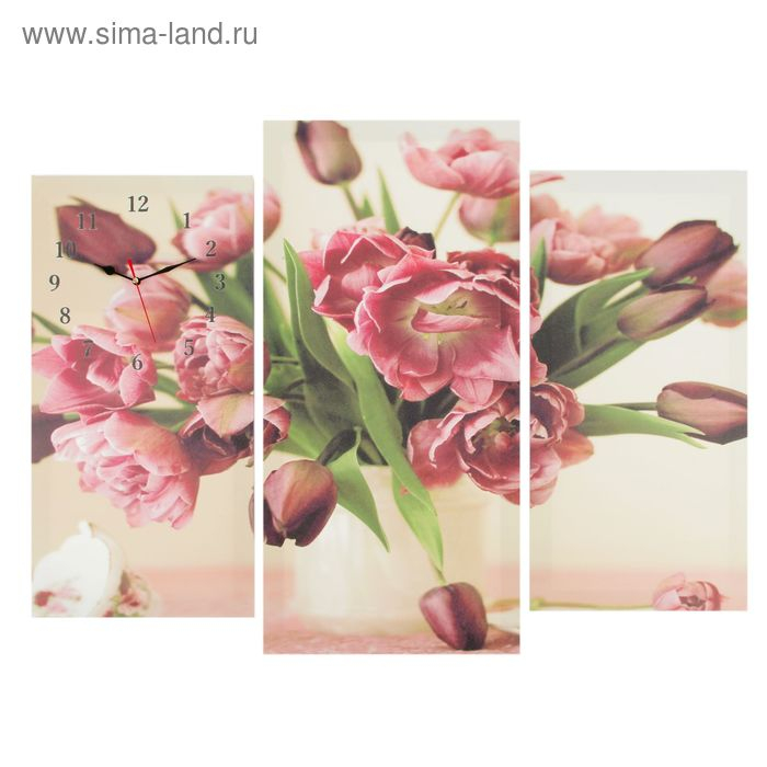 Часы-картина настенные, модульные "Цветы в вазе", бесшумные, 60 х 80 см, триптих
