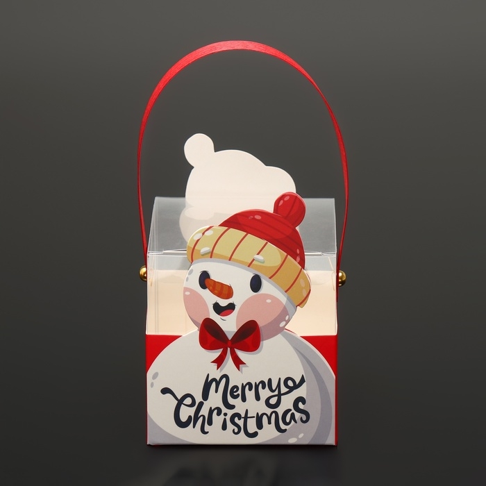 Новый год. Коробка подарочная новогодняя складная ПВХ с ручками, Новый год. Коробка подарочная новогодняя складная ПВХ с ручками, "Снеговик", 9 х 9 х 9,5 см.