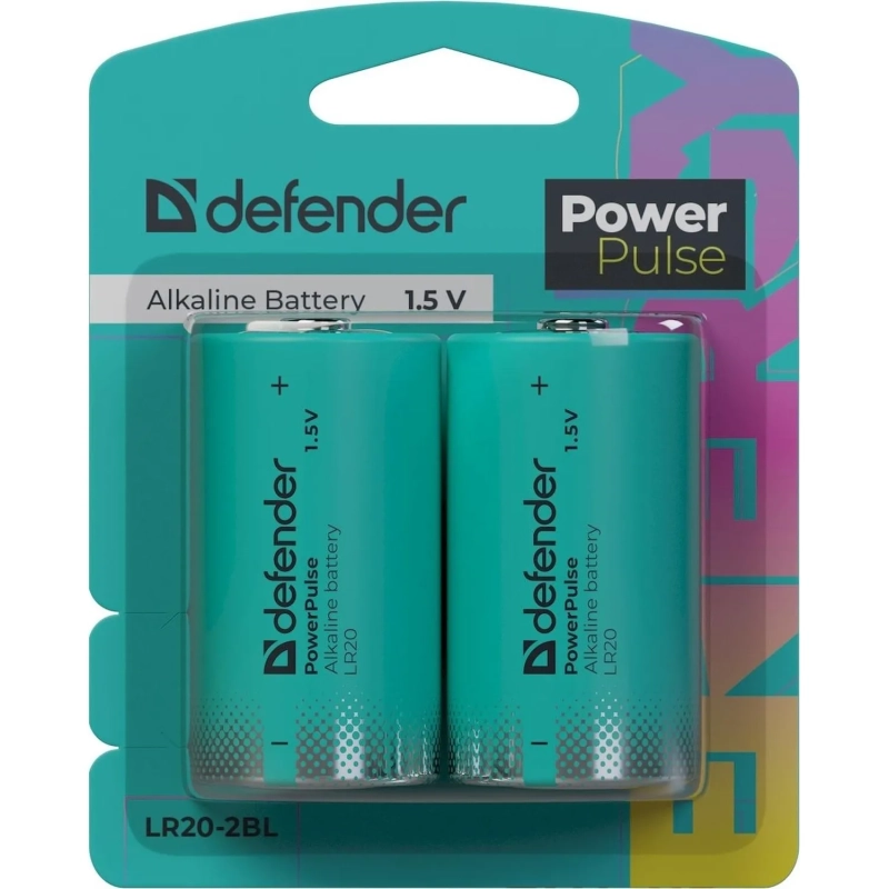 Батарейка DEFENDER алкалиновая LR20-2BL D, блистер, 2шт/уп PowerPulse