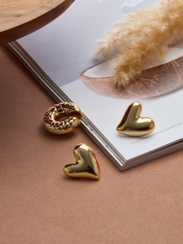 Набор серьги и каффы 3 шт. «Сердечко» бублик, цвет золото