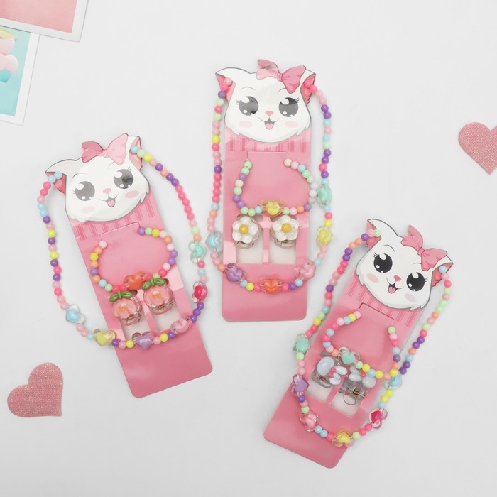 Комплект детский «Выбражулька» 4 предмета: 2 заколки, бусы, браслет, сердечки, цветной Комплект детский «Выбражулька» 4 предмета: 2 заколки, бусы, браслет, сердечки, цветной