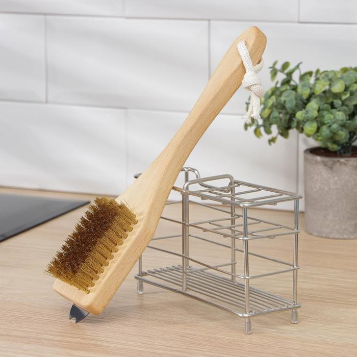 Щётка для гриля, 28×6×1,6 см, бук, латунный ворс, 77 пучков, скребок из нержавеющей стали Щётка для гриля, 28×6×1,6 см, бук, латунный ворс, 77 пучков, скребок из нержавеющей стали