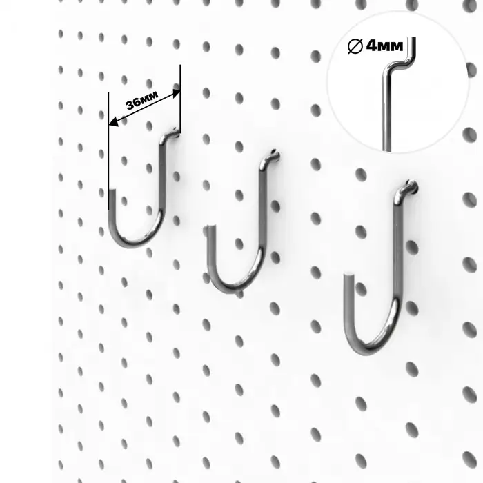 Крючок загнутый с зацепом на перфорированную ДСП панель, d=4 мм, 6×2×3,6 см, цвет хром Крючок загнутый с зацепом на перфорированную ДСП панель, d=4 мм, 6×2×3,6 см, цвет хром