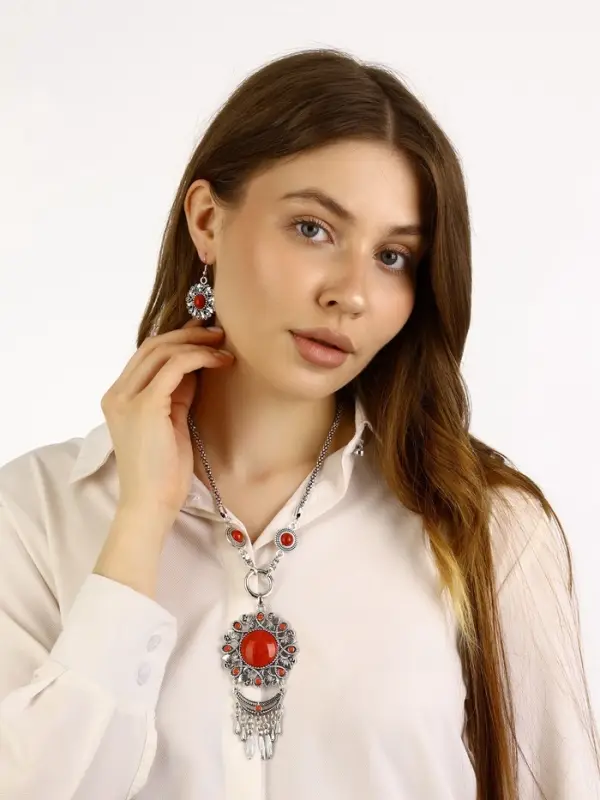 Набор 2 предмета: серьги, колье &laquo;Индия&raquo;, цвет красный в чернёном серебре, 50 см