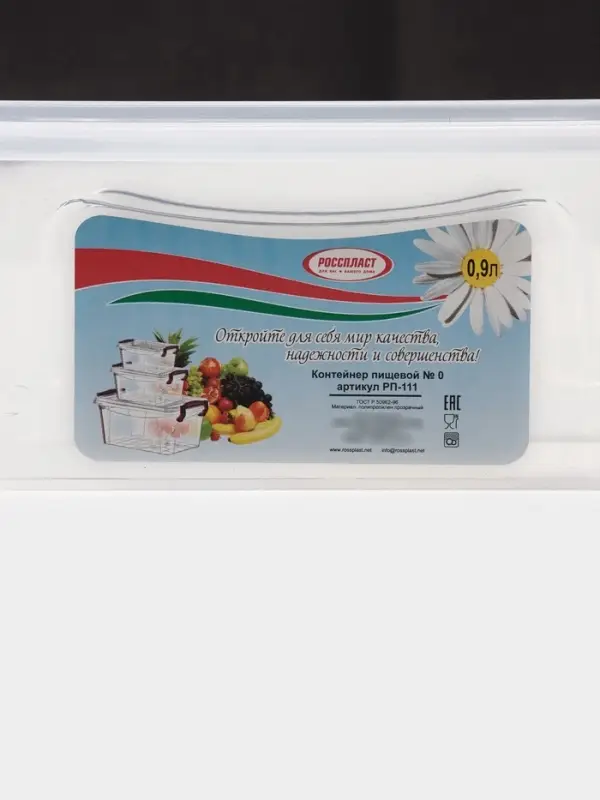 Контейнер пищевой RICCO, 900 мл, 18&times;11&times;8 см, пластик, прямоугольный, прозрачный, ручки МИКС