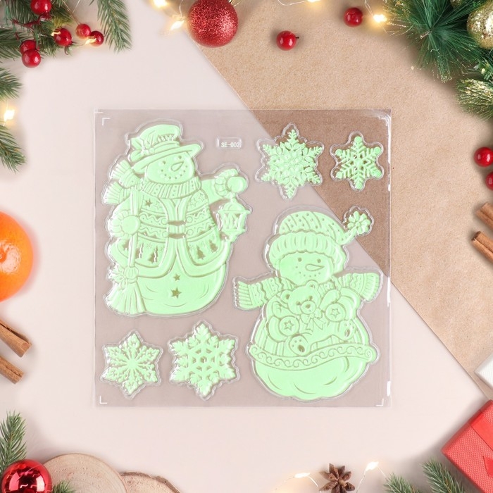 Наклейки на окна, светящиеся Наклейки на окна, светящиеся "Новогодние" снеговики, 27 х 21 см