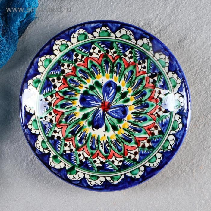 Тарелка Риштанская Керамика Тарелка Риштанская Керамика "Цветы", синяя, плоская, 15 см, микс