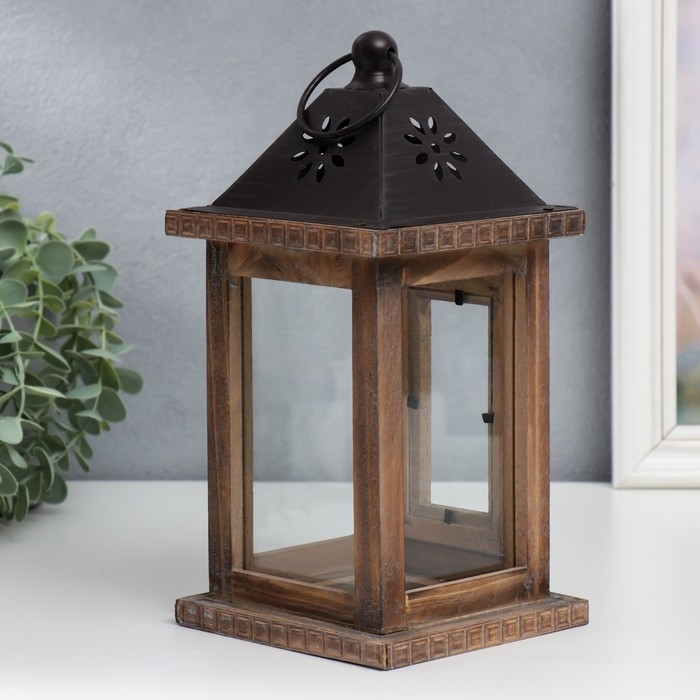 Подсвечник дерево на 1 свечу "Фонарь" состаренный 25х12,5х12,5 см