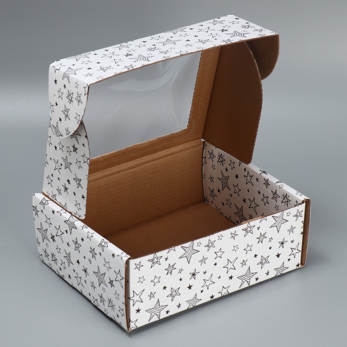 Коробка подарочная сборная с окном, упаковка, «Звезды», белый ,27х10х21 см Коробка подарочная сборная с окном, упаковка, «Звезды», белый ,27х10х21 см