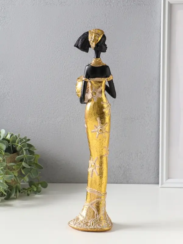Сувенир полистоун "Африканка с кувшином, с повязкой в волосах" бело-золотой 9х8х37,5 см