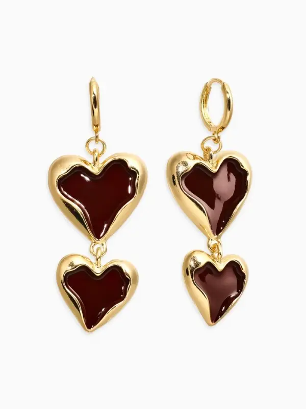 Серьги &laquo;Два сердца&raquo;, корейский стиль, красные в золоте