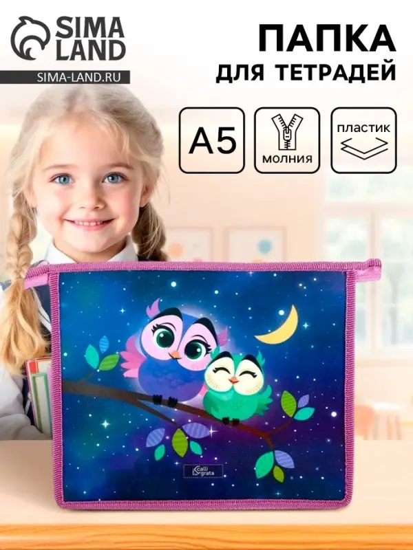 Папка для тетрадей, А5, пластиковая, 19&times;23&times;5 см &laquo;Совы&raquo;