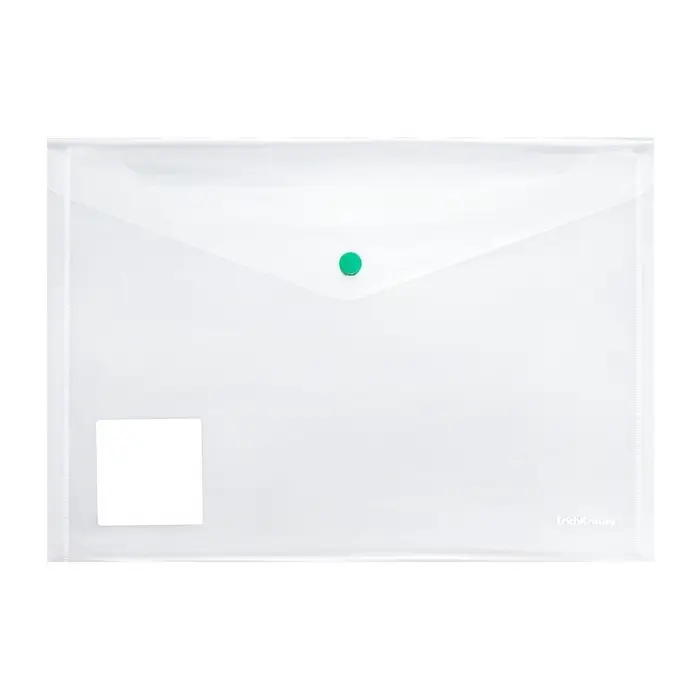Папка-конверт на кнопке А4, 160 мкм, ErichKrause Glossy Clear, глянцевая, с цветной кнопкой, прозрачная, микс