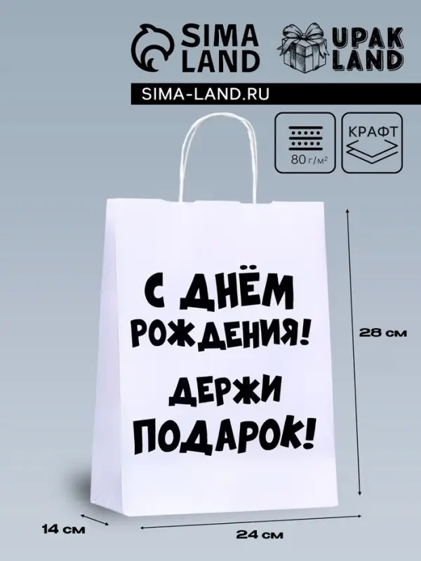 Пакет подарочный с приколами, крафт &laquo;С Днем Рождения. Держи подарок&raquo;, белый, 28&times;24&times;14 см
