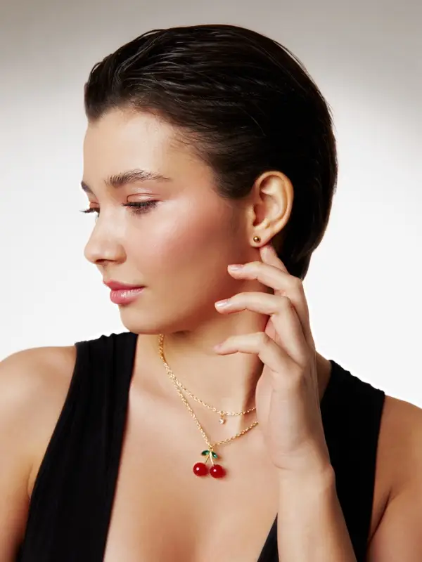 Набор 2 предмета: пуссеты, кулон &laquo;Вишенка со стразинкой&raquo;, 50+40 см, d=4, красный в золоте