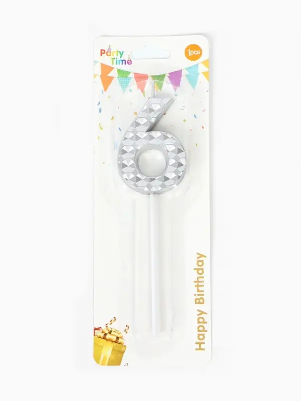 Свеча для торта &laquo;Элемент&raquo;, цифра "6" серебро