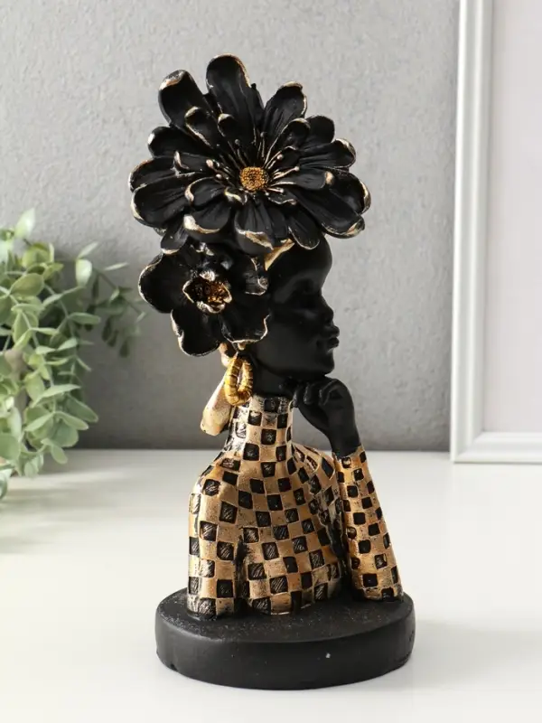 Бюст полистоун Бюст полистоун "Девушка с цветком, в наряде в клетку" чёрный 13,3х12,3х29,5 см