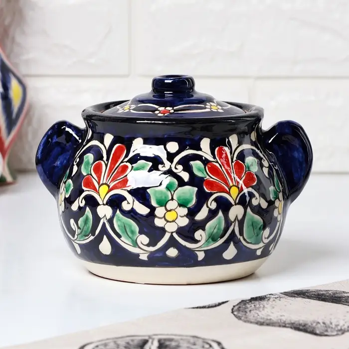 Сахарница узбекская Риштанская Керамика &laquo;Цветы&raquo;, 1 л, синяя