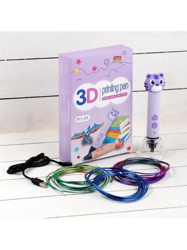 3D ручка Тигрёнок, работа с пластиком PLA, USB кабель питания, фиолетовая