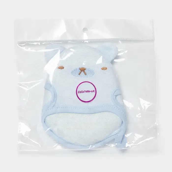 Мочалка варежка детская Доляна &laquo;Мишка&raquo;, для купания, 16 см, голубая