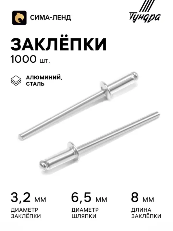 Заклёпки ТУНДРА krep, вытяжные, алюминий-сталь, 3.2&times;8 мм, неокрашенные, 1000 шт.