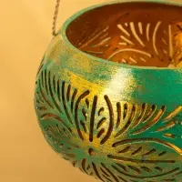 Подсвечник подвесной из кокоса, 14×14×10 см, голубой с золотым