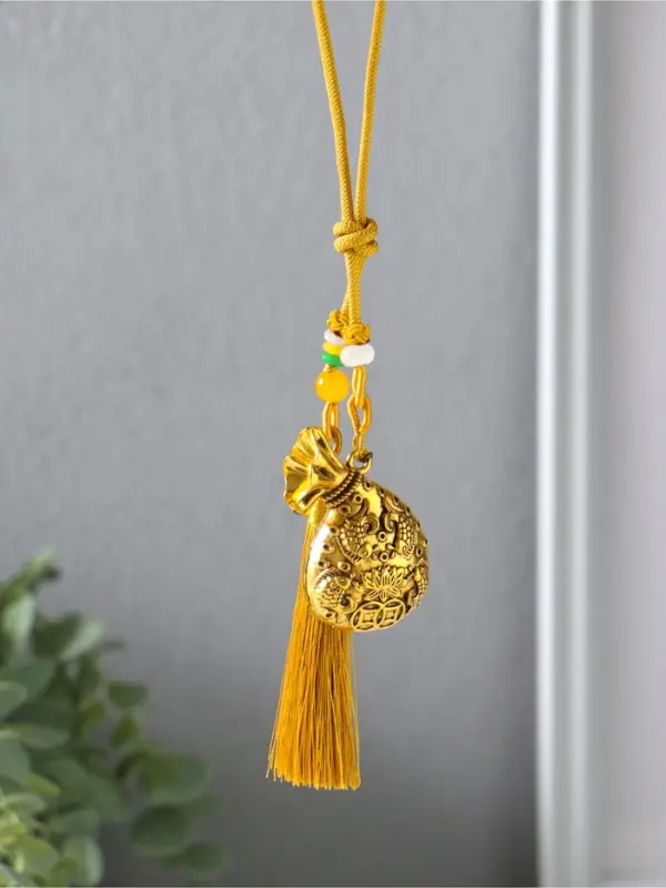 Подвеска металл, текстиль &laquo;Мешок и рыбы с лотосом, с кисточкой&raquo;, золотистый, 1.5&times;5.5&times;14 см