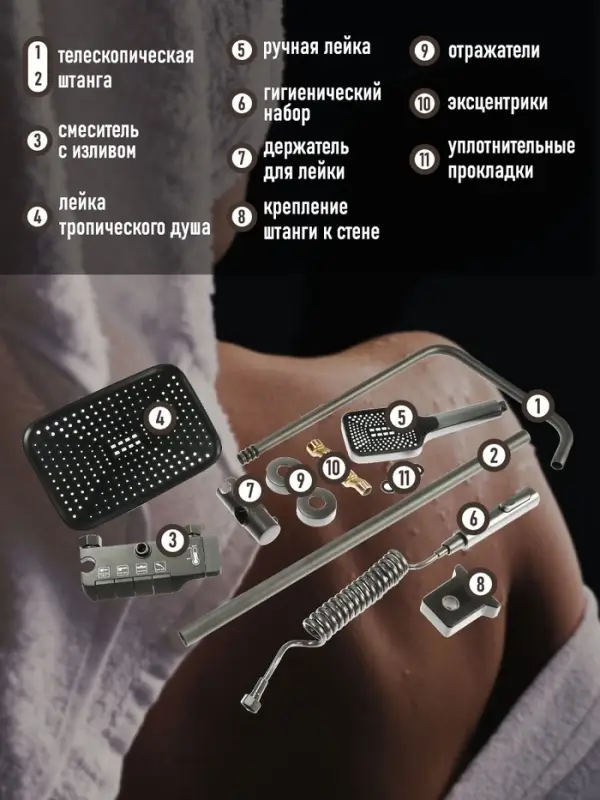 Душевая система ZEIN Z3683, верхняя и ручная лейка, ПВХ шланг, гигиенический набор, графит