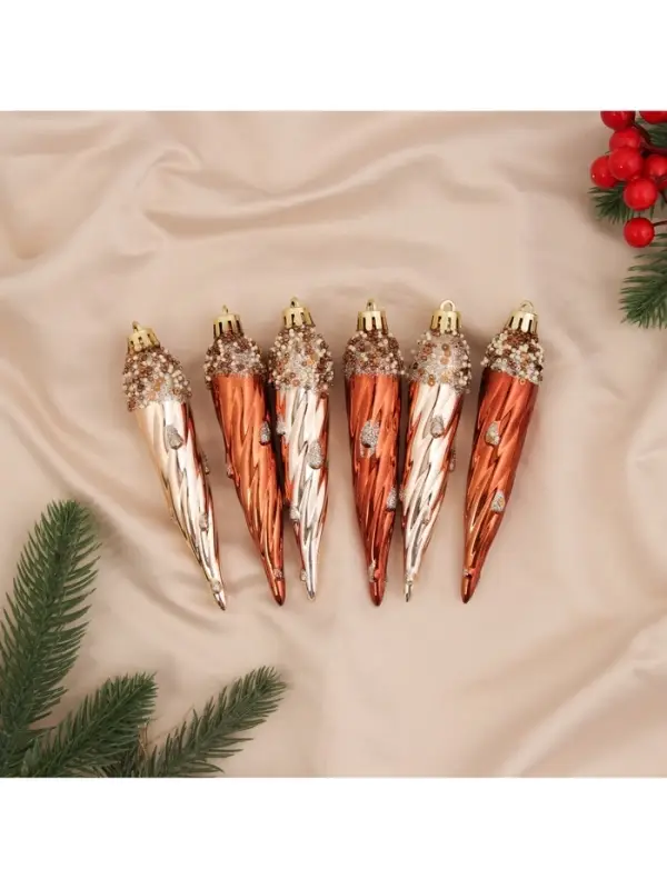 Ёлочные игрушки набор 6 шт. &laquo;Сосулька верхушка блеск&raquo;, 13&times;3 см, золото/коричневый