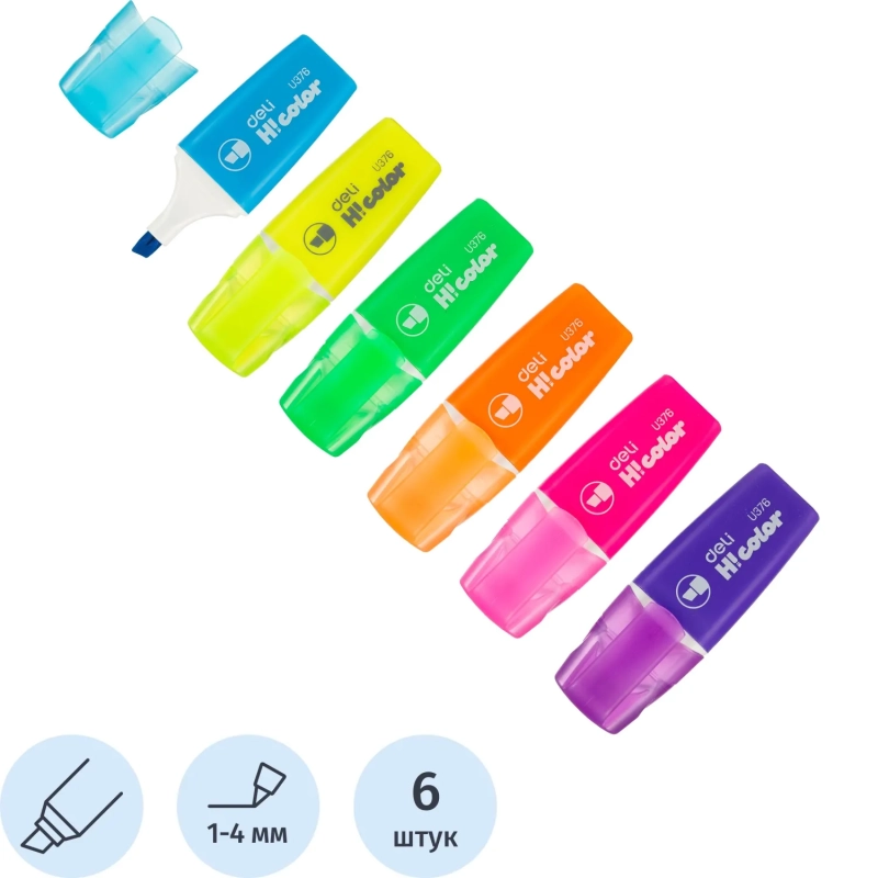 Набор текстовыделителей Deli 1-4мм, скош.нак.,6цв, флуоресц. EU376