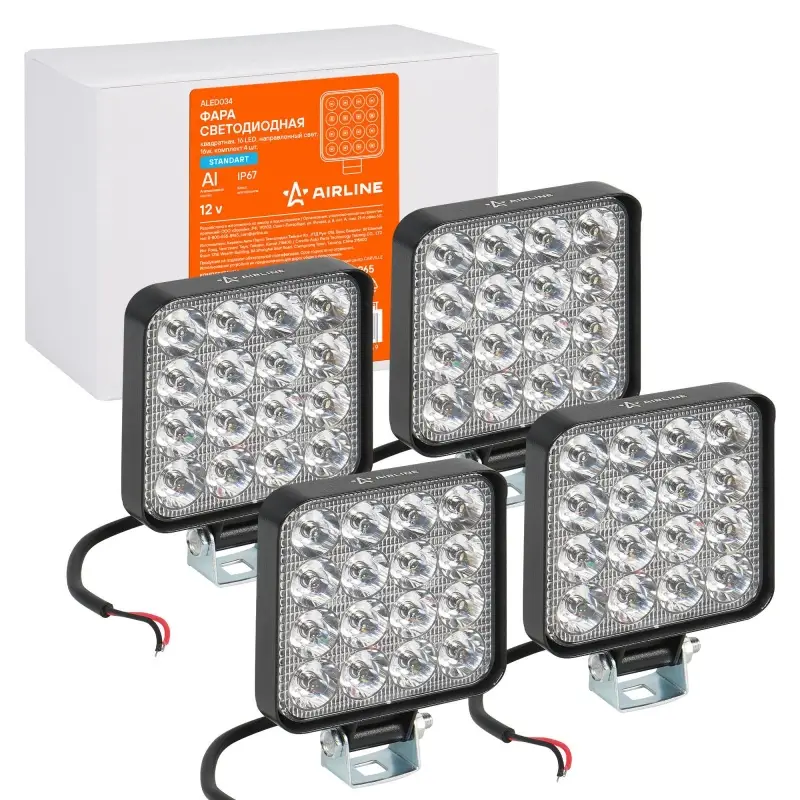 Фара светодиод. квадрат., 16LED, дальний свет, 16Вт, 83х83х22мм, 12В, кмпл. 4шт., STANDARD