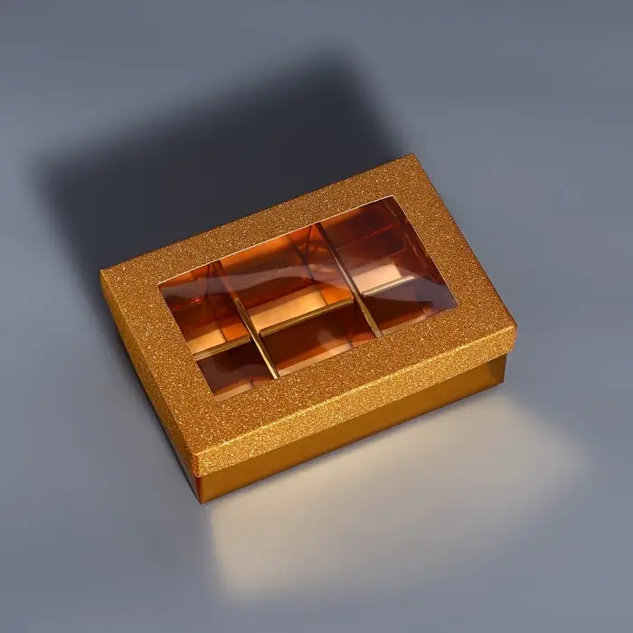 Коробка подарочная для 6 конфет золото глиттер, с окном, 12&times;8.5&times;4 см