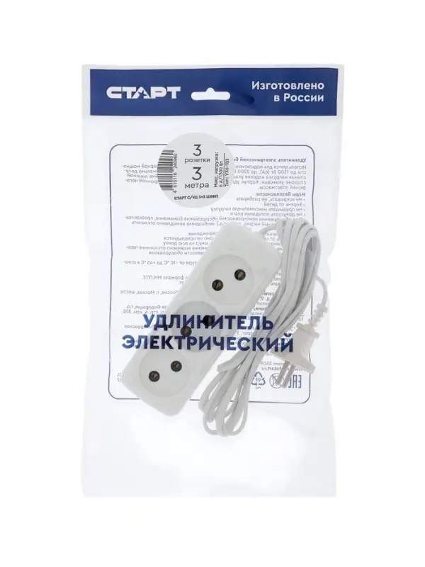 Удлинитель СТАРТ УХ6-103, 3 розетки, 3 м, 6 А, ШВВП, белый