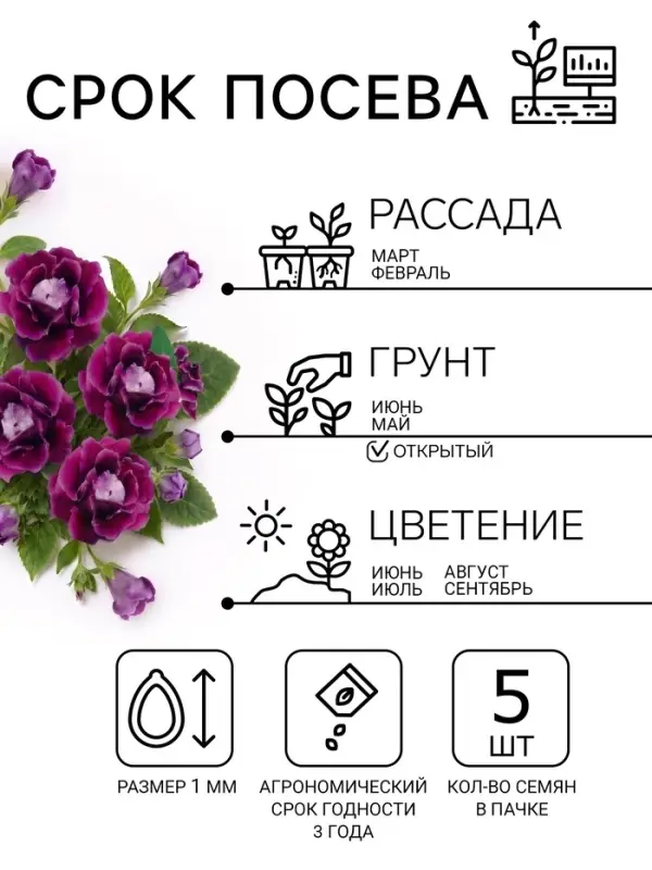 Семена цветов Глоксиния &laquo;Брокэйд&raquo;, фиолетовая, F1, 5 шт., &laquo;Престиж семена&raquo;