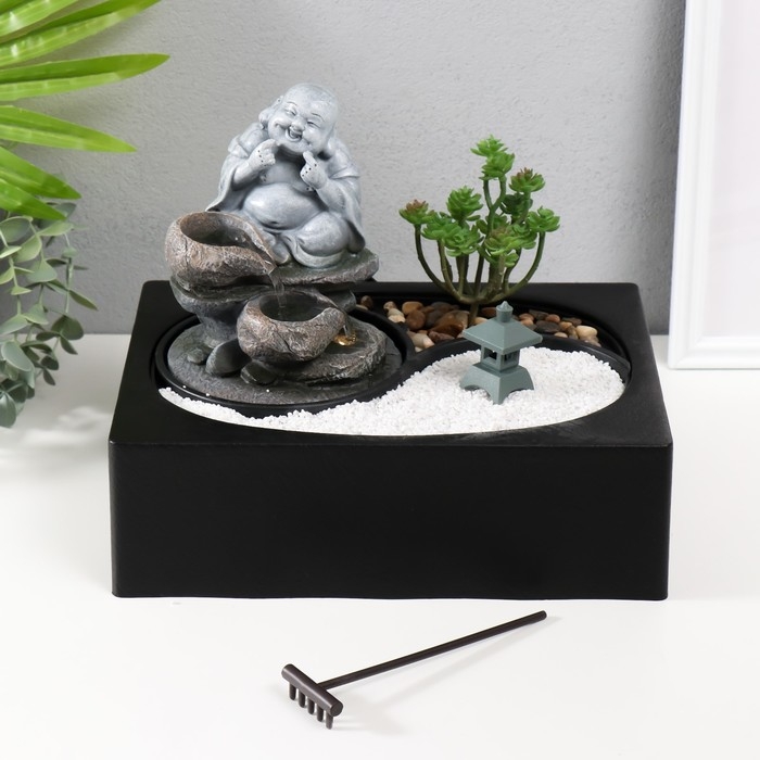 Фонтан настольный от сети, подсветка  Фонтан настольный от сети, подсветка "Хотей на камнях" 29х21х22 см